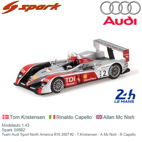 Modelauto 1:43 | Spark S0682 | Team Audi Sport North America R10 2007 #2 - T.Kristensen - A.Mc Nish - R.Capello