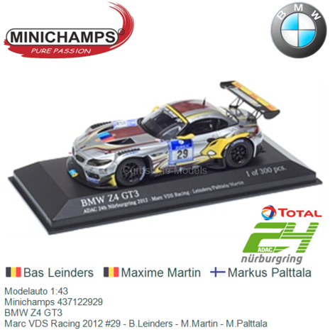Modelauto 1:43 | Minichamps 437122929 | BMW Z4 GT3 | Marc VDS Racing 2012 #29 - B.Leinders - M.Martin - M.Palttala