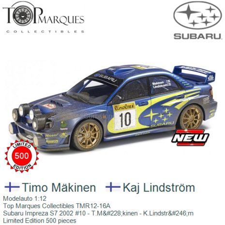 Modelauto 1:12 | Top Marques Collectibles TMR12-16A | Subaru Impreza S7 2002 #10 - T.M&#228;kinen - K.Lindstr&#246;m
