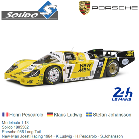 Modelauto 1:18 | Solido 1805502 | Porsche 956 Long Tail | New-Man Joest Racing 1984 - K.Ludwig - H.Pescarolo - S.Johansson