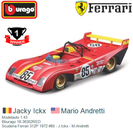 Modelauto 1:43 | Bburago 18-36302RED | Scuderia Ferrari 312P 1972 #85 - J.Ickx - M.Andretti