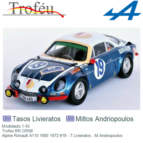 Modelauto 1:43 | Trofeu RR.GR08 | Alpine Renault A110 1600 1972 #19 - T.Livieratos - M.Andriopoulos