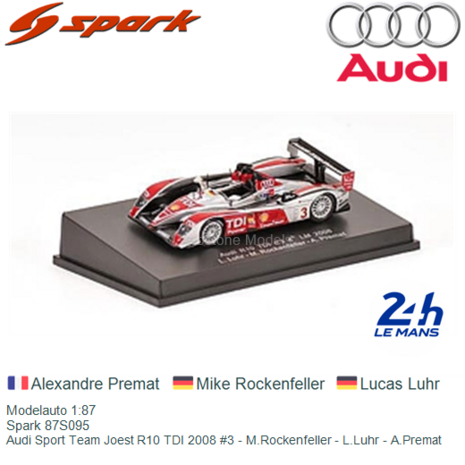 Modelauto 1:87 | Spark 87S095 | Audi Sport Team Joest R10 TDI 2008 #3 - M.Rockenfeller - L.Luhr - A.Premat