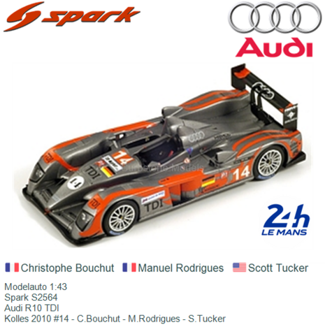 Modelauto 1:43 | Spark S2564 | Audi R10 TDI | Kolles 2010 #14 - C.Bouchut - M.Rodrigues - S.Tucker