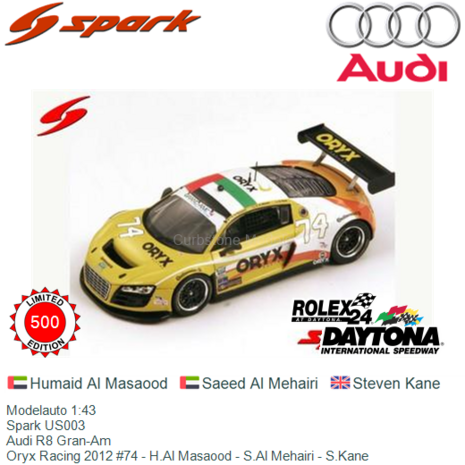 Modelauto 1:43 | Spark US003 | Audi R8 Gran-Am | Oryx Racing 2012 #74 - H.Al Masaood - S.Al Mehairi - S.Kane