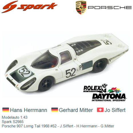 Modelauto 1:43 | Spark S2985 | Porsche 907 Lomg Tail 1968 #52 - J.Siffert - H.Herrmann - G.Mitter