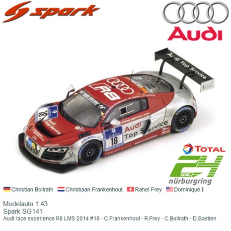 Modelauto 1:43 | Spark SG141 | Audi race experience R8 LMS 2014 #18 - C.Frankenhout - R.Frey - C.Bollrath - D.Bastien