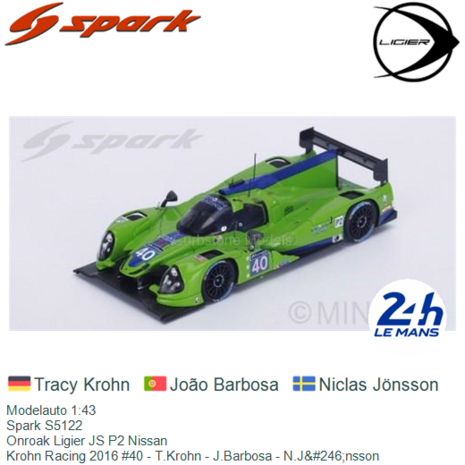 Modelauto 1:43 | Spark S5122 | Onroak Ligier JS P2 Nissan | Krohn Racing 2016 #40 - T.Krohn - J.Barbosa - N.J&#246;nsson