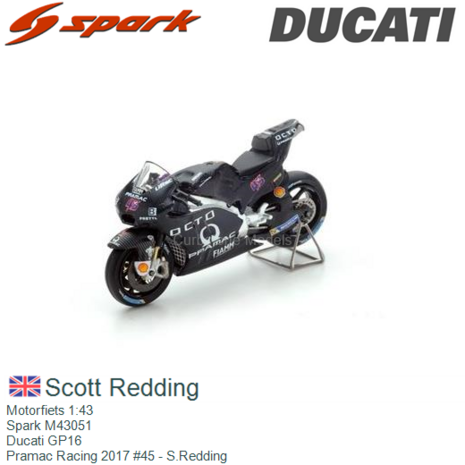 Motorfiets 1:43 | Spark M43051 | Ducati GP16 | Pramac Racing 2017 #45 - S.Redding