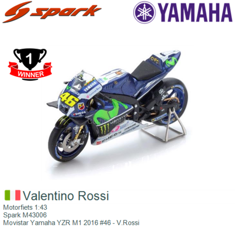 Motorfiets 1:43 | Spark M43006 | Movistar Yamaha YZR M1 2016 #46 - V.Rossi