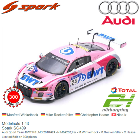 Modelauto 1:43 | Spark SG409 | Audi Sport Team BWT R8 LMS 2018 #24 - N.M&#252;ller - M.Winkelhock - M.Rockenfeller - C.Haas