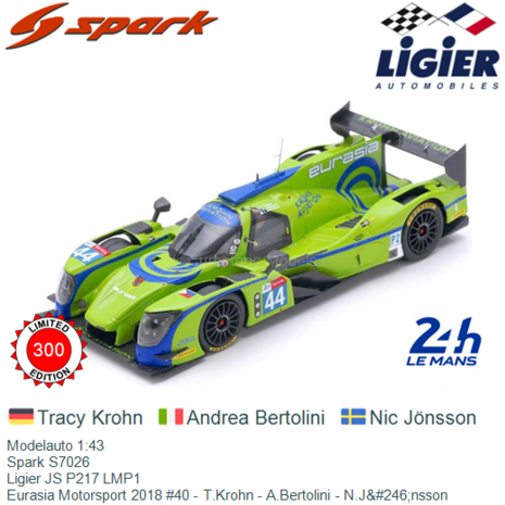 Modelauto 1:43 | Spark S7026 | Ligier JS P217 LMP1 | Eurasia Motorsport 2018 #40 - T.Krohn - A.Bertolini - N.J&#246;nsson