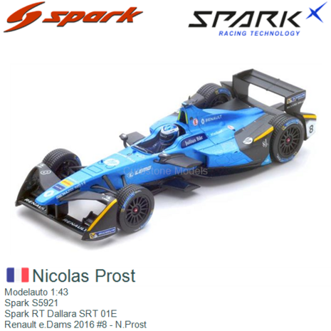 Modelauto 1:43 | Spark S5921 | Spark RT Dallara SRT 01E | Renault e.Dams 2016 #8 - N.Prost