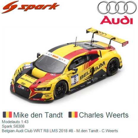 Modelauto 1:43 | Spark S6308 | Belgian Audi Club WRT R8 LMS 2018 #8 - M.den Tandt - C.Weerts