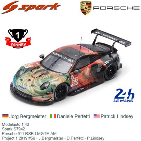 Modelauto 1:43 | Spark S7942 | Porsche 911 RSR LMGTE-AM | Project 1 2019 #56 - J.Bergmeister - D.Perfetti - P.Lindsey