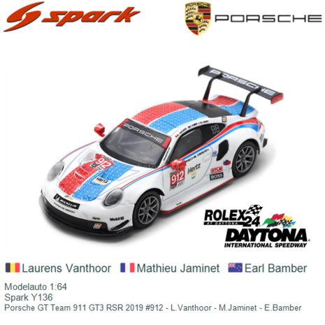 Modelauto 1:64 | Spark Y136 | Porsche GT Team 911 GT3 RSR 2019 #912 - L.Vanthoor - M.Jaminet - E.Bamber