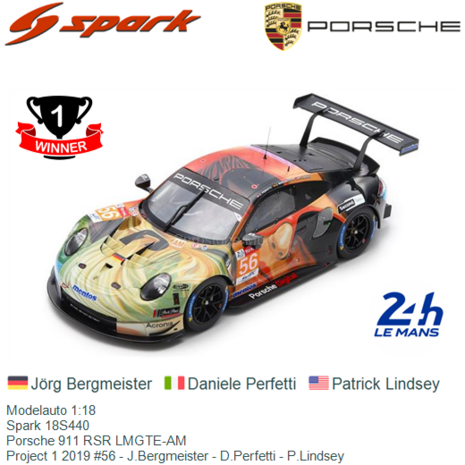 Modelauto 1:18 | Spark 18S440 | Porsche 911 RSR LMGTE-AM | Project 1 2019 #56 - J.Bergmeister - D.Perfetti - P.Lindsey