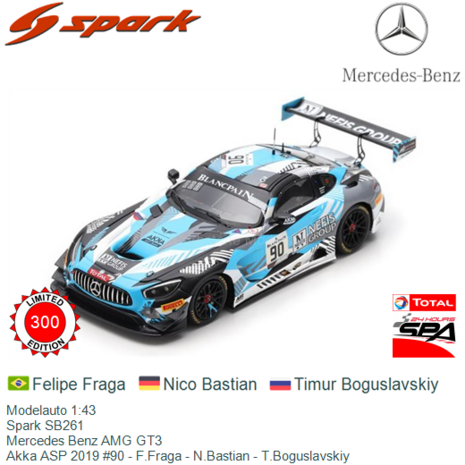 Modelauto 1:43 | Spark SB261 | Mercedes Benz AMG GT3 | Akka ASP 2019 #90 - F.Fraga - N.Bastian - T.Boguslavskiy