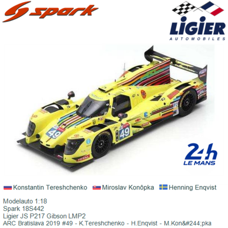 Modelauto 1:18 | Spark 18S442 | Ligier JS P217 Gibson LMP2 | ARC Bratislava 2019 #49 - K.Tereshchenko - H.Enqvist - M.Kon&#