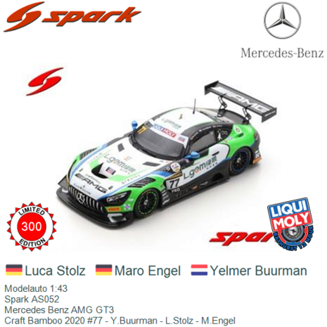 Modelauto 1:43 | Spark AS052 | Mercedes Benz AMG GT3 | Craft Bamboo 2020 #77 - Y.Buurman - L.Stolz - M.Engel