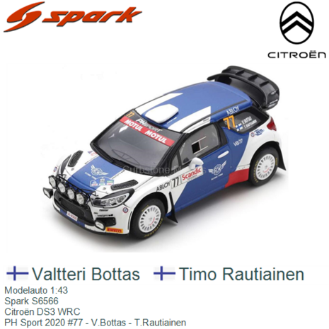 Modelauto 1:43 | Spark S6566 | Citroën DS3 WRC | PH Sport 2020 #77 - V.Bottas - T.Rautiainen