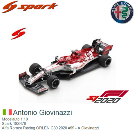 Modelauto 1:18 | Spark 18S478 | Alfa Romeo Racing ORLEN C39 2020 #99 - A.Giovinazzi