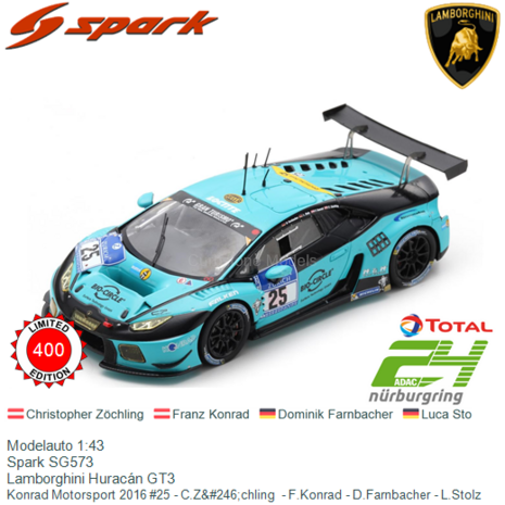 Modelauto 1:43 | Spark SG573 | Lamborghini Huracán GT3 | Konrad Motorsport 2016 #25 - C.Z&#246;chling  - F.Konrad - D.