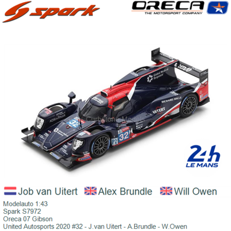 Modelauto 1:43 | Spark S7972 | Oreca 07 Gibson | United Autosports 2020 #32 - J.van Uitert - A.Brundle - W.Owen