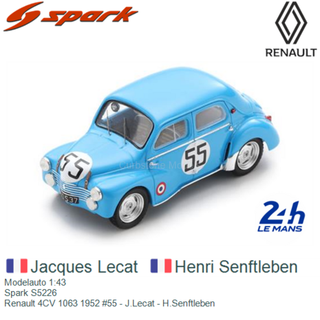 Modelauto 1:43 | Spark S5226 | Renault 4CV 1063 1952 #55 - J.Lecat - H.Senftleben