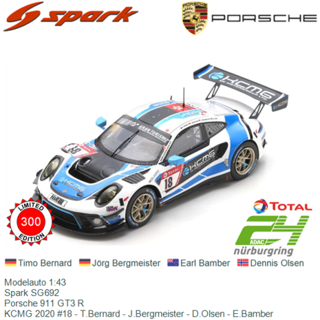 Modelauto 1:43 | Spark SG692 | Porsche 911 GT3 R | KCMG 2020 #18 - T.Bernard - J.Bergmeister - D.Olsen - E.Bamber