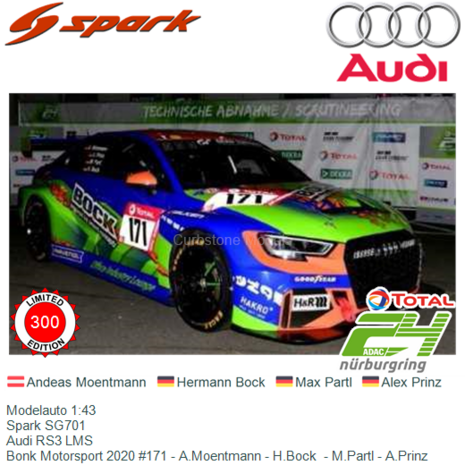 Modelauto 1:43 | Spark SG701 | Audi RS3 LMS | Bonk Motorsport 2020 #171 - A.Moentmann - H.Bock  - M.Partl - A.Prinz