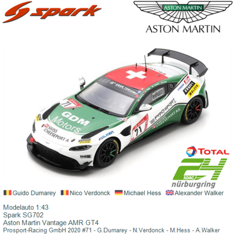 Modelauto 1:43 | Spark SG702 | Aston Martin Vantage AMR GT4 | Prosport-Racing GmbH 2020 #71 - G.Dumarey - N.Verdonck - M.Hess -