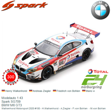 Modelauto 1:43 | Spark SG709 | BMW M6 GT3 | Walkenhorst Motorsport 2020 #100 - H.Walkenhorst - A.Ziegler - F.von Bohlen  - M.vo