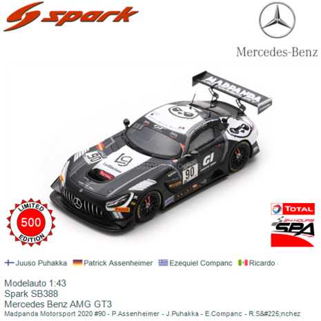 Modelauto 1:43 | Spark SB388 | Mercedes Benz AMG GT3 | Madpanda Motorsport 2020 #90 - P.Assenheimer - J.Puhakka - E.Companc - R