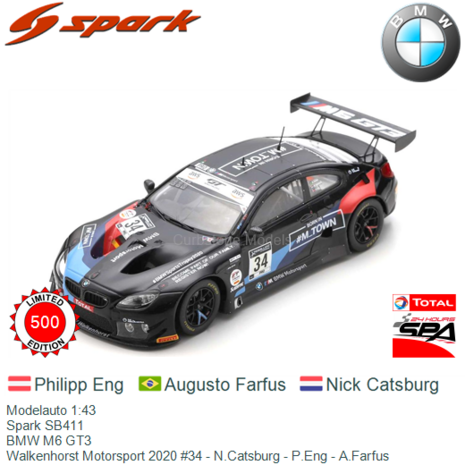 Modelauto 1:43 | Spark SB411 | BMW M6 GT3 | Walkenhorst Motorsport 2020 #34 - N.Catsburg - P.Eng - A.Farfus