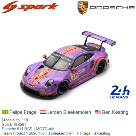 Modelauto 1:18 | Spark 18S561 | Porsche 911 RSR LMGTE-AM | Team Project 1 2020 #57 - J.Bleekemolen - F.Fraga - B.Keating