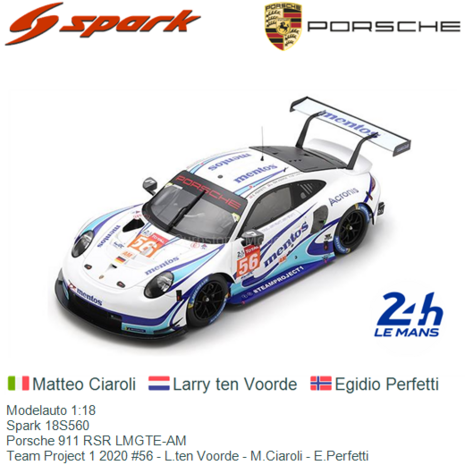 Modelauto 1:18 | Spark 18S560 | Porsche 911 RSR LMGTE-AM | Team Project 1 2020 #56 - L.ten Voorde - M.Ciaroli - E.Perfetti