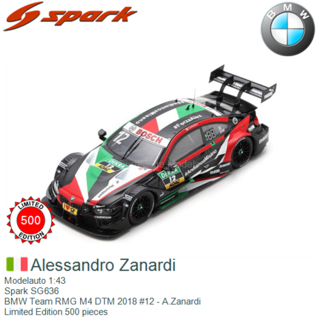 Modelauto 1:43 | Spark SG636 | BMW Team RMG M4 DTM 2018 #12 - A.Zanardi