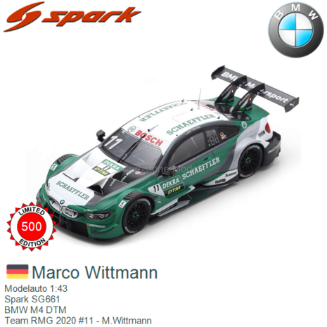 Modelauto 1:43 | Spark SG661 | BMW M4 DTM | Team RMG 2020 #11 - M.Wittmann