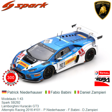 Modelauto 1:43 | Spark SB292 | Lamborghini Huracán GT3 | Attempto Racing 2016 #101 - P.Niederhauser - F.Babini - D.Zampier