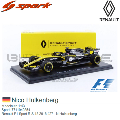 Modelauto 1:43 | Spark 7711940354 | Renault F1 Sport R.S.18 2018 #27 - N.Hulkenberg