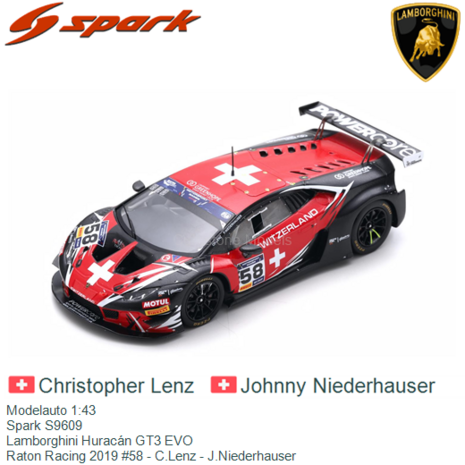 Modelauto 1:43 | Spark S9609 | Lamborghini Huracán GT3 EVO | Raton Racing 2019 #58 - C.Lenz - J.Niederhauser