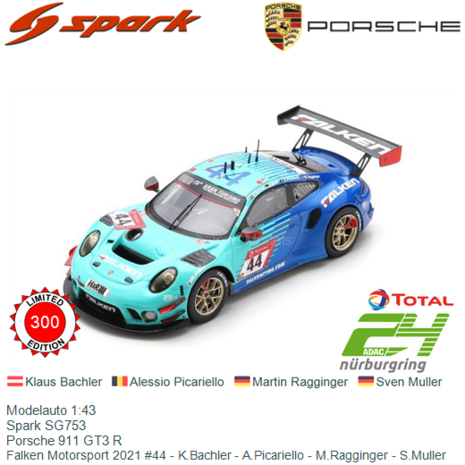 Modelauto 1:43 | Spark SG753 | Porsche 911 GT3 R | Falken Motorsport 2021 #44 - K.Bachler - A.Picariello - M.Ragginger - S.Mull