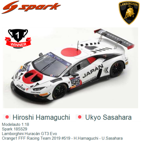 Modelauto 1:18 | Spark 18S529 | Lamborghini Huracán GT3 Evo | Orange1 FFF Racing Team 2019 #519 - H.Hamaguchi - U.Sasahara