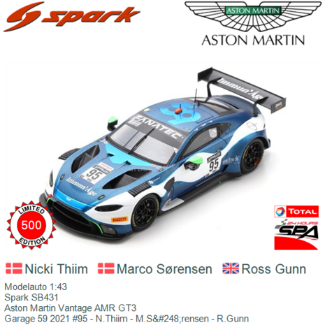 Modelauto 1:43 | Spark SB431 | Aston Martin Vantage AMR GT3 | Garage 59 2021 #95 - N.Thiim - M.S&#248;rensen - R.Gunn