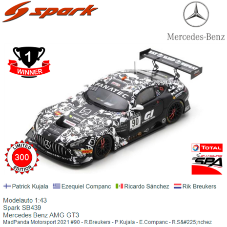 Modelauto 1:43 | Spark SB439 | Mercedes Benz AMG GT3 | MadPanda Motorsport 2021 #90 - R.Breukers - P.Kujala - E.Companc - R.S&a