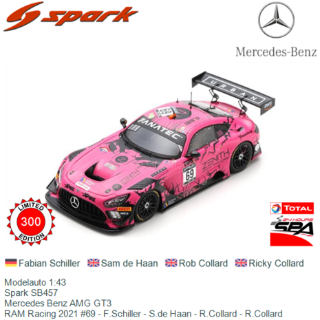 Modelauto 1:43 | Spark SB457 | Mercedes Benz AMG GT3 | RAM Racing 2021 #69 - F.Schiller - S.de Haan - R.Collard - R.Collard