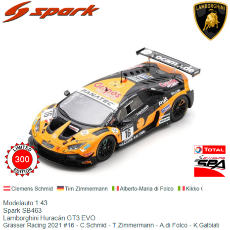 Modelauto 1:43 | Spark SB463 | Lamborghini Huracán GT3 EVO | Grasser Racing 2021 #16 - C.Schmid - T.Zimmermann - A.di Folc