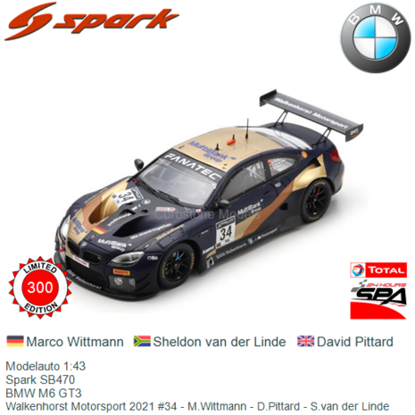 Modelauto 1:43 | Spark SB470 | BMW M6 GT3 | Walkenhorst Motorsport 2021 #34 - M.Wittmann - D.Pittard - S.van der Linde
