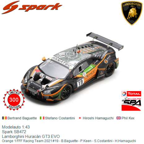 Modelauto 1:43 | Spark SB472 | Lamborghini Huracán GT3 EVO | Orange 1 FFF Racing Team 2021 #19 - B.Baguette - P.Keen - S.C